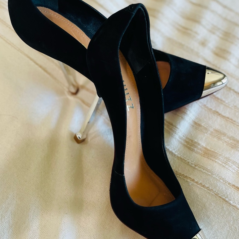 Schutz - sexy Black Suede 4” stilettos with chrome pointy toe & heel